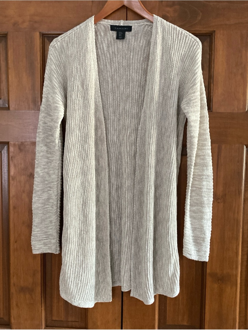 Tahari Open-Front Long Cardigan Sweater Light Taupe linen blend women’s medium